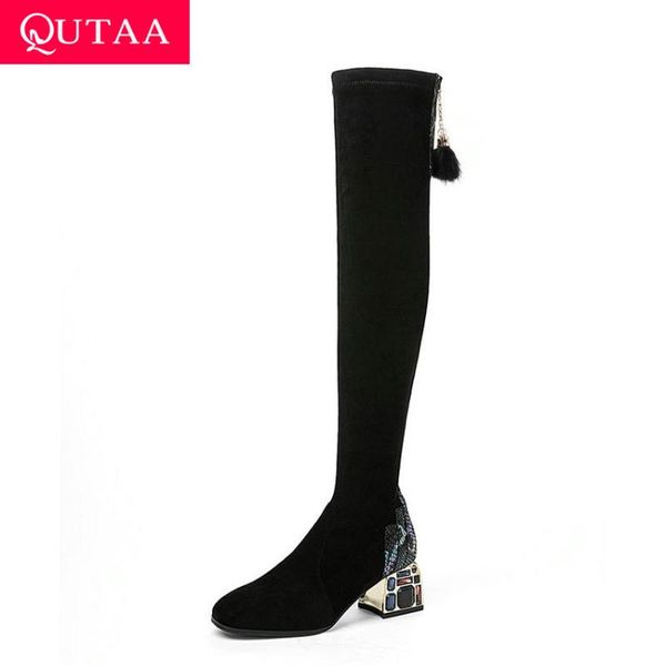 

qutaa 2021 crystal square heel over the knee boots flock stretch long boots winter square toe zipper women shoes big size 34-43, Black
