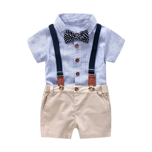 

blue and white striped romper clothes set for baby boy summer suit with bow toddler kid bodysuit set infant boy clothing y200803