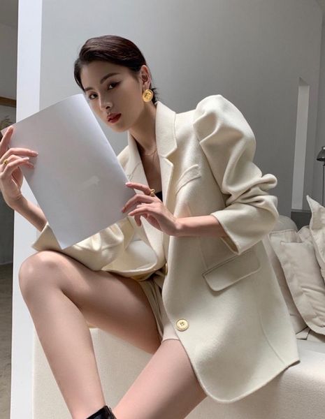 

women's suits & blazers 2021ss vintage spring women 50% wool white blazer coat female casual outerwear for ladies ddxgz2, White;black