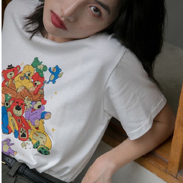 

hello canon bear print short sleeve t-shirt women 2020 summer coat t-shirt new korean loose crew fashion cdyyc, White