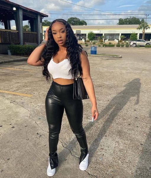 

leather side split trumpet pants women skinny pencil trousers autumn new fashion solid color elastic waist pants s-2xl1, Black;white