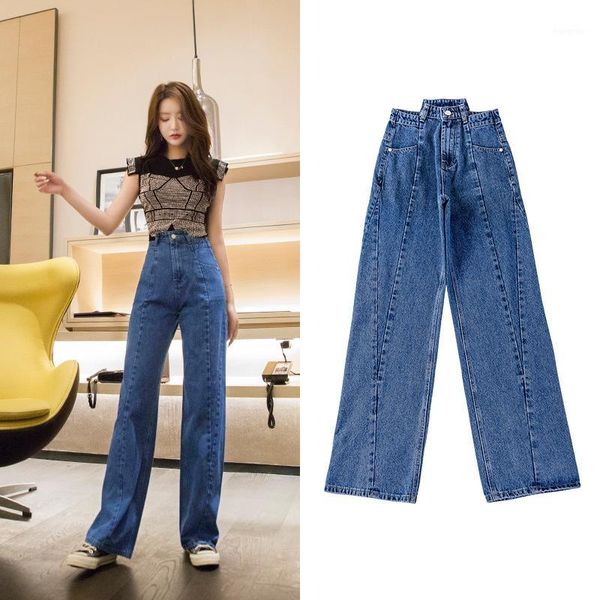 

high waist cotton jeans women's splicing pants new loose fashion wide leg pants women1, Blue