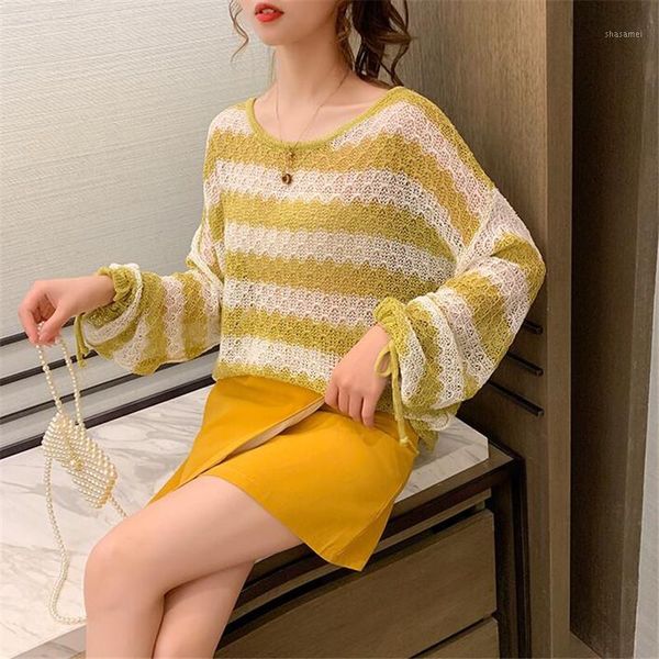 

sweater women loose 2019 early spring and autumn new striped long-sleeved round neck wild sweater blouse1, White;black
