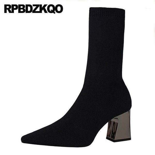 

boots black slip on wine red fall high heel knit chunky designer shoes women luxury 2021 pointed toe fashion block mid calf1