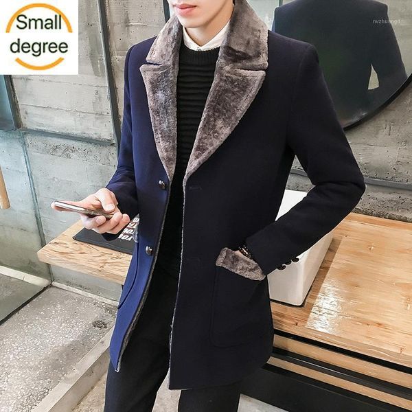 

2020 winter new casual windbreaker men's jacket korean long section large fur collar jacket men's business casual warm wool coat1, Black