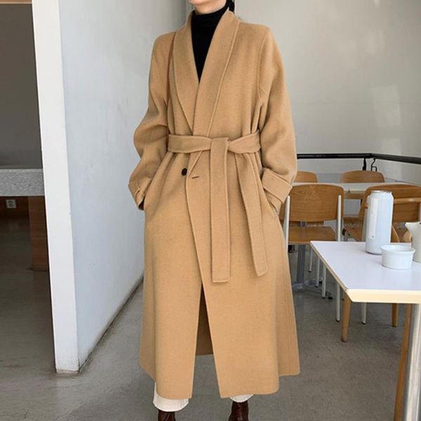 

women's wool & blends frenc style warm women winter 2021 classical belt retro loose woolen coats chic casual long coat, Black