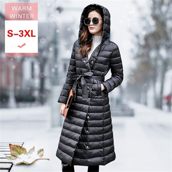 New Winter Women Moda Long White Duck Down Jacket Feminino Quente Slim Portátil Lightweight Revestimento Ultra Light Jacket com Hooded 200923