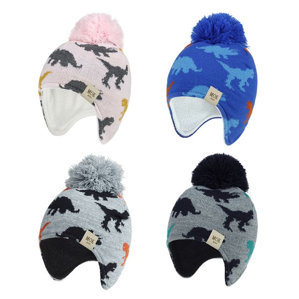 

2020 3m-8t baby knitted pompon hat new autumn and winter dinosaur jacquard boys and girls ear caps children's woollen hat size s m l a1, Yellow