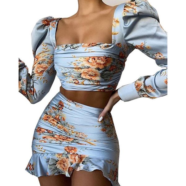 

blue floral print women two pieces set casual slim long sleeve crop and ruffle mini skirt ladies nightclub outfit sj7369r, Gray