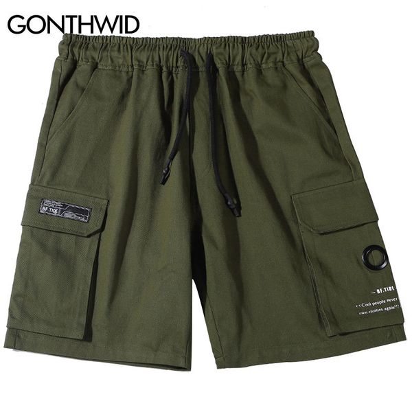 

gonthwid mens multi pockets baggy cargo shorts summer casual knee length elastic waist short pants trousers harajuku streetwear q1103, White;black