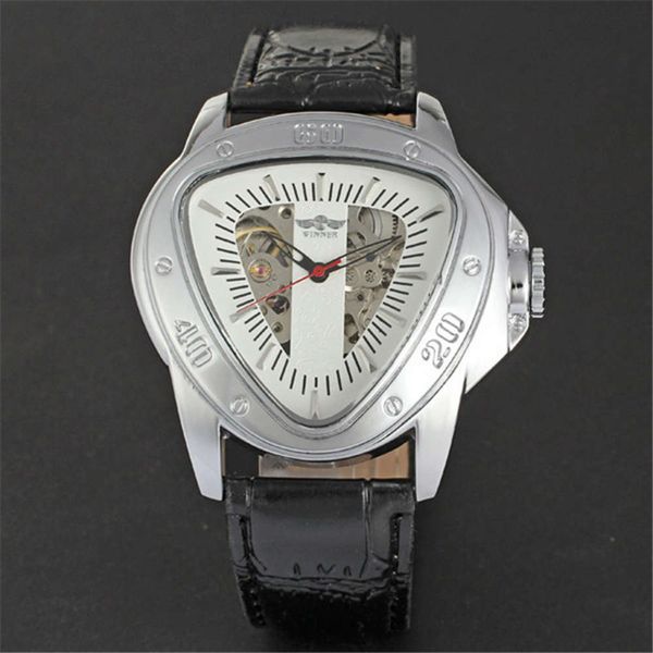 

men's winner 3-corner personality classic leisure fashion hollow out fully automatic mechanical watch leather 2021i30d, Slivery;brown