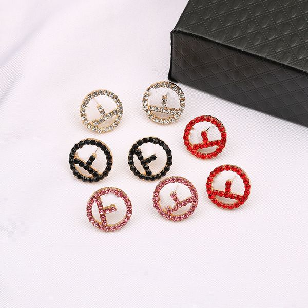 

new women's designer earrings letter f new fashion simple electroplating micro inlaid zircon color drill earrings, Golden;silver