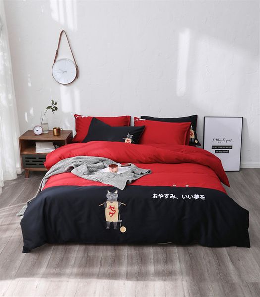 Set di biancheria da letto in stile giapponese Quen King Size Copripiumino in cotone egiziano Copripiumino Copripiumino simpatico gatto Copriletto T200706