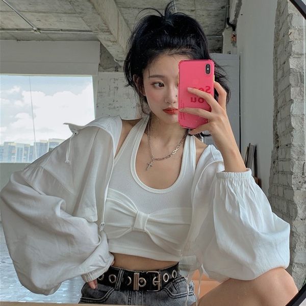 

2020 summer new sweet u-neck suspender vest + thin cardigan sunscreen jacket 2-piece fashion suit for women