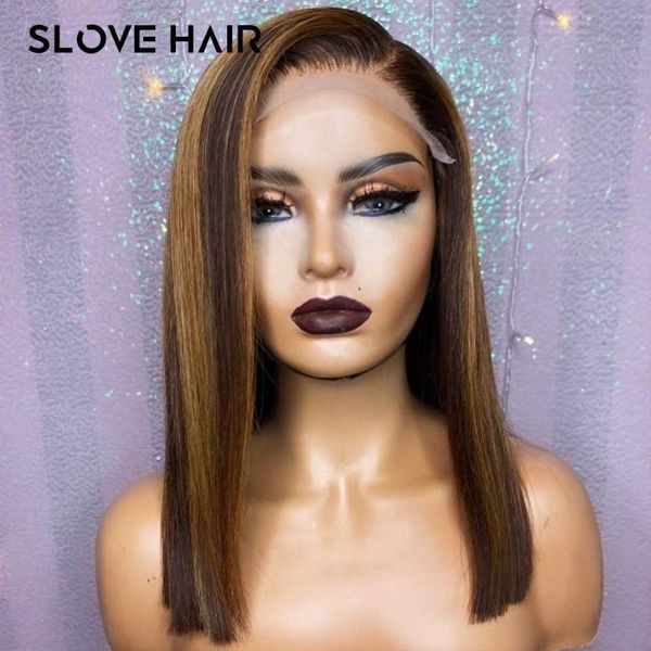 

130% ombre blonde highlight straight bob wig 13x4 lace front human hair wigs remy brazilian bleach knots middle ratio slove hair, Black;brown