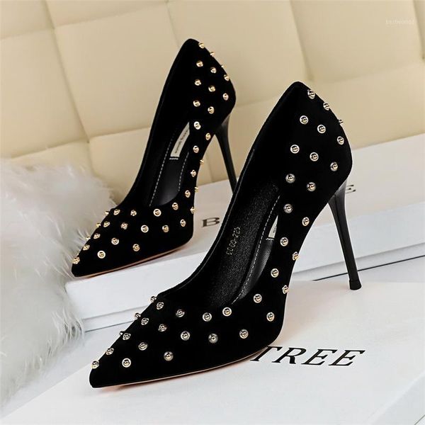 

dress shoes 2021 spring women 9cm high heels rivets pumps studded stiletto blue black pink large size wedding party tacones1