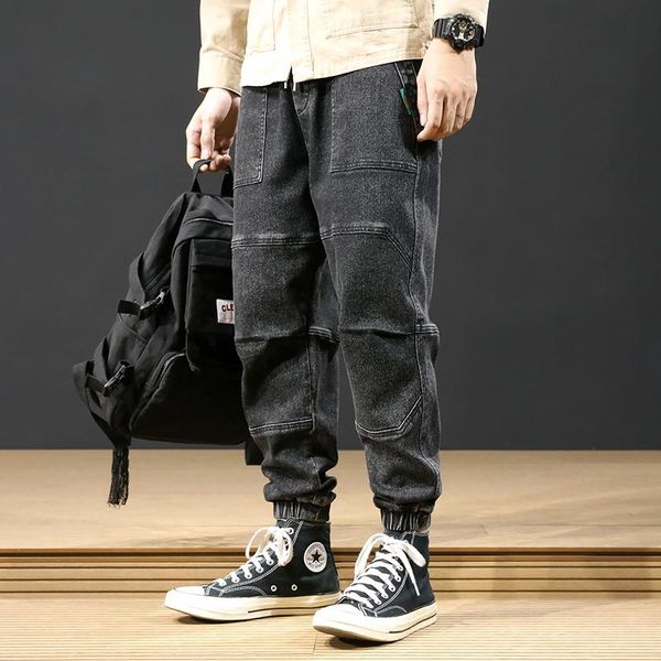 

japanese style fashion men jeans black gray loose fit cargo pants spliced designer streetwear hip hop joggers wide leg trousers, Blue
