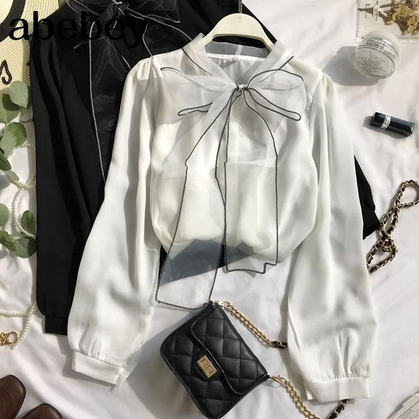 

2021 new spring autumn new elegant lace up bow blouse women lantern long sleeve solid chiffon shirt slim fit blusas 47027, White
