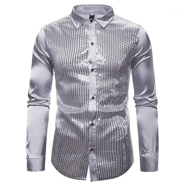 

silver sequins silk satin shirt men 2020 brand slim fit long sleeve mens dress shirts nightclub party wedding tuxedo shirt male1, White;black