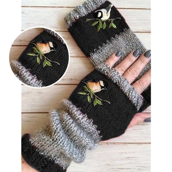 

cute warm stitching embroidery exposed finger women' winter autumn knitted for women fingerless gloves wrist mittens, Blue;gray
