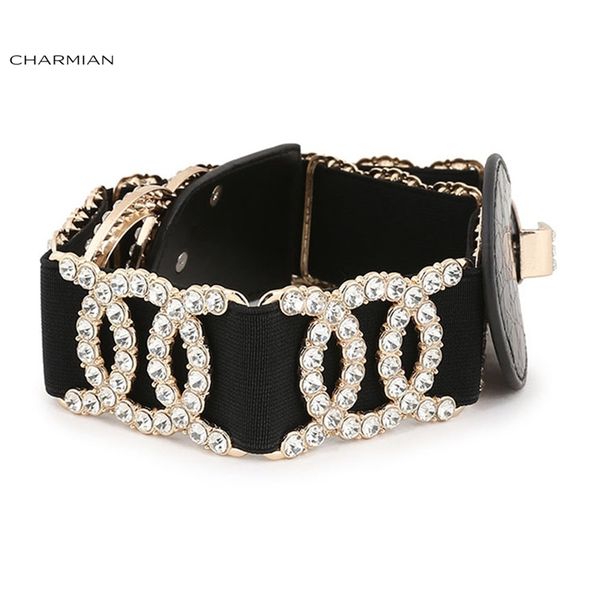 

charmian deluxe rhinestone elastic cincher with golden alloy buckle waist belt y200501, Black;brown