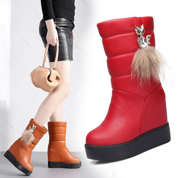 

boots winter fashion women leather mid-calf waterproof platform wedge snow comfortable plush warm 10cm high-heeled shoes1, Black