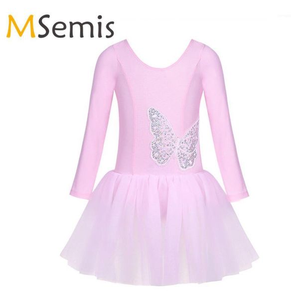 

girls gymnastics ballet leotard dress girls cotton tulle long sleeves sequined butterfly ballet dance class stage performance1, Black;red
