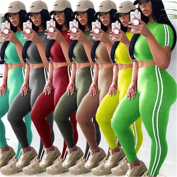 

pants suits female spring slim high waist tracksuits women solid color stripe sets fashion trend sports fitness short sleeve short, Gray