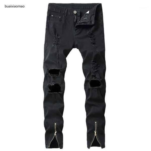

buaixiaomao mens stretchy ripped skinny biker jeans destroyed taped slim fit denim pants vintage hip hop hole ankle cut trousers1, Black