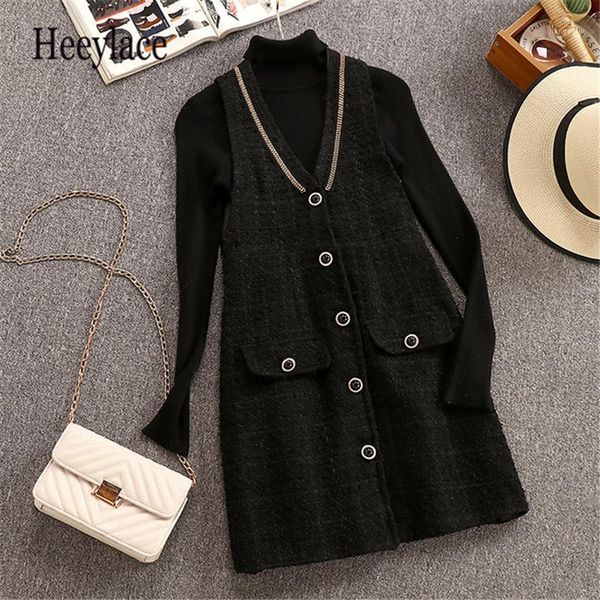

women winter slim knitted long sleeve sweaters +plaid tweed single breasted sleeveless casual v-neck high waist dresses sets1, White