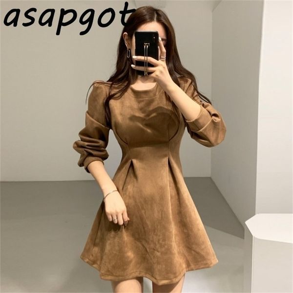 ASAPGOT Coreia Chic Luz Elegante Mulher Madura Outono Temperamento Retro Cintura Slim Ronda Pescoço Mini Vestido Mulheres Full 201006