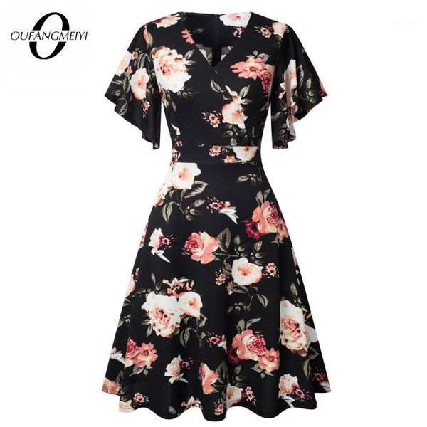 

retro charming casual party swing dress chic ruffle sleeve floral elegant a- line dress ea1931, Black;gray