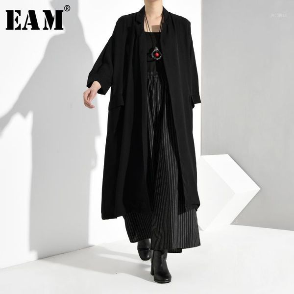 

eam] women black long big size trench new v-collar long sleeve loose fit windbreaker fashion tide spring autumn 2020 u37001, Tan;black