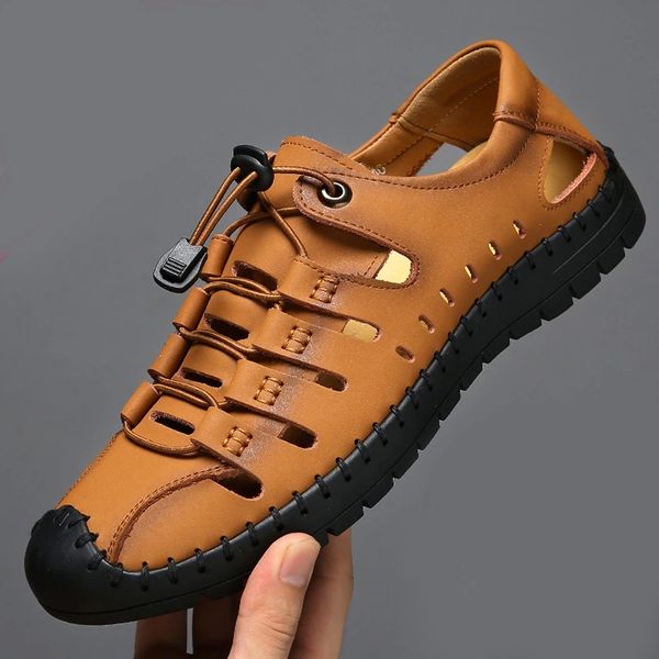 

sewing breathable hollow platform shoes men flats sandals genuine leather summer casual sandals men shoes hommes chaussures #s40n, Black