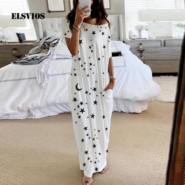 

2020 new women dresses loose off shoulder short sleeve long dress moon star printing elegant female spring summer dress vestidos11, Black;gray