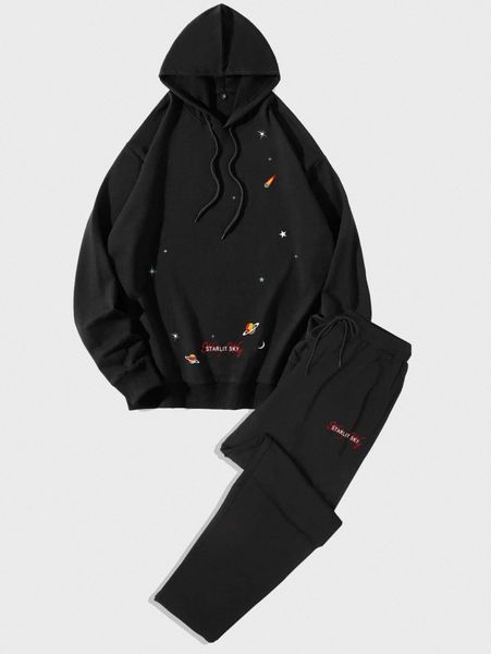 

men letter and star print drawstring hoodie & sweatpants k2g6#, Gray