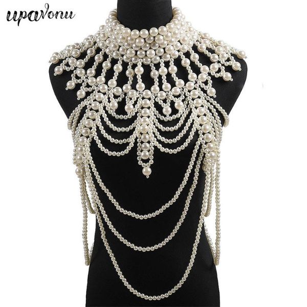 

2021 luxury unique pearl body chains jewelry for women bridal wedding gift elegant shawl jewelrys brand design, White