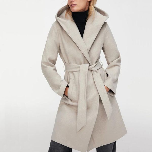 

autumn and winter women's coat casual solid color belt decorated hooded coat, Black