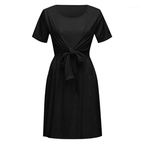 

maternity dresses sagace baby mother breastfeeding stitching layered pleated skirt pregnant women short-sleeved solid color bow frilled home, White