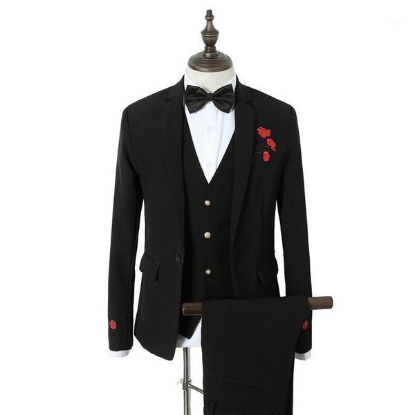 

men's suit three-piece suit (jacket + pants + vest) men's high-end business slim man's new embroidery fashion suits1, White;black