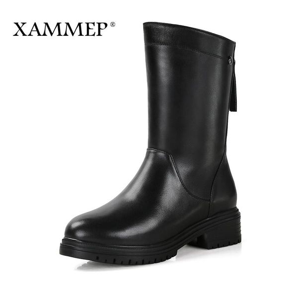 

women genuine leather boots mid calf boots women winter shoes natural wool brand shoes with platform 42 43 xammep, Black