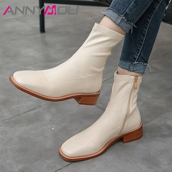 

annymoli real leather ankle boots med heel woman boots zip block heel short square toe female shoes autumn winter size 43, Black