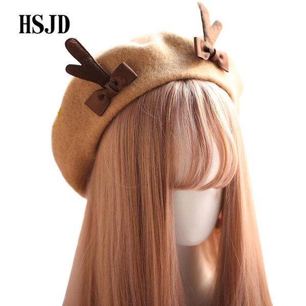 

berets girl spring winter hat cute deer horn wool women bowknot painter style female bonnet warm walking cap gift, Blue;gray