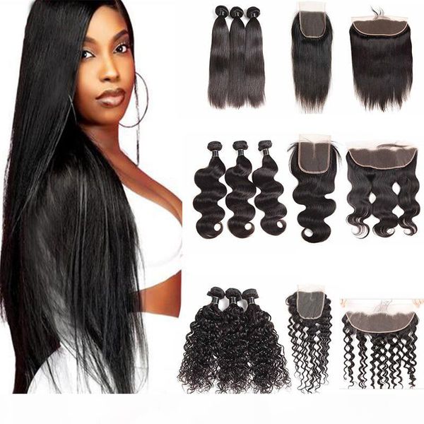 

indian brazilian peruvian body wave virgin human hair 3 bundles with closure water deep water wave straight remy hair extensions, Black