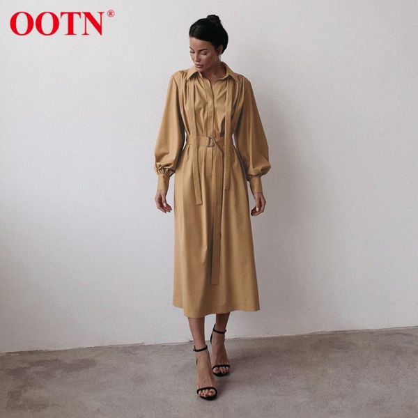 

casual dresses ootn turn down collar brown women dress long sleeve sashes back ruched lace up elegant office midi ladies, Black;gray