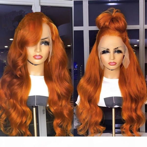 

30 inch colored orange 5*5 pu silk base lace front human hair wig body wave long remy hair wigs for women with baby, Black;brown