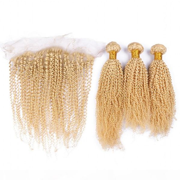 

peruvian blonde human hair pure color #613 with lace frontal 4pcs lot kinky curly blonde 13x4 lace frontal closure with weaves 3bundles, Black;brown