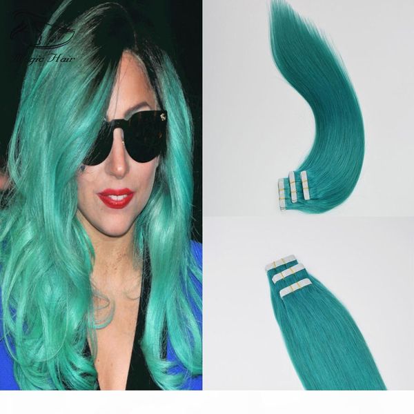 

straight pure color light green remy tape hair extensions brazilian peruvian indian seamless skin weft hair 40pcs 100g tape in human hair, Black