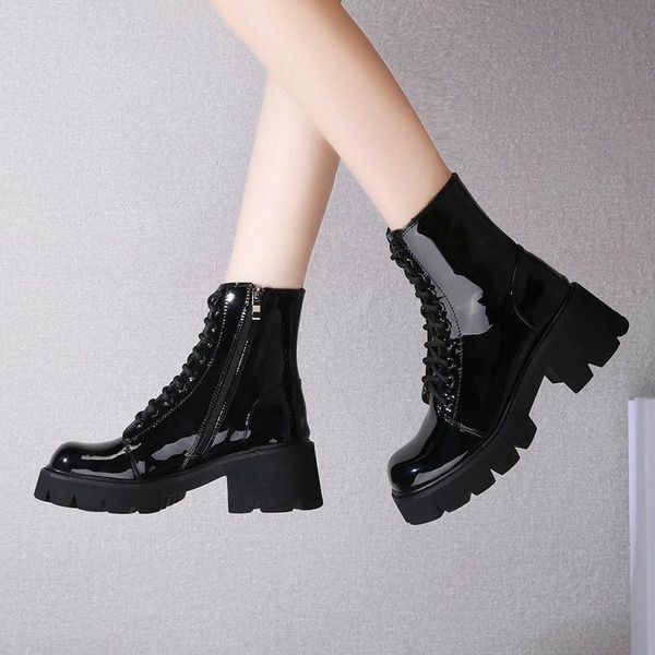 

2020 european style black ankle boots round toe black lace-up boots woman platform patent leather shoes zip cross-tied a1-20