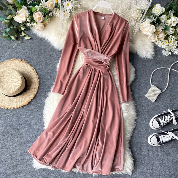 

2021 new retro velvet feminine chic design in long bandage elegant autumn solid to-line dress d4w2, Black;gray